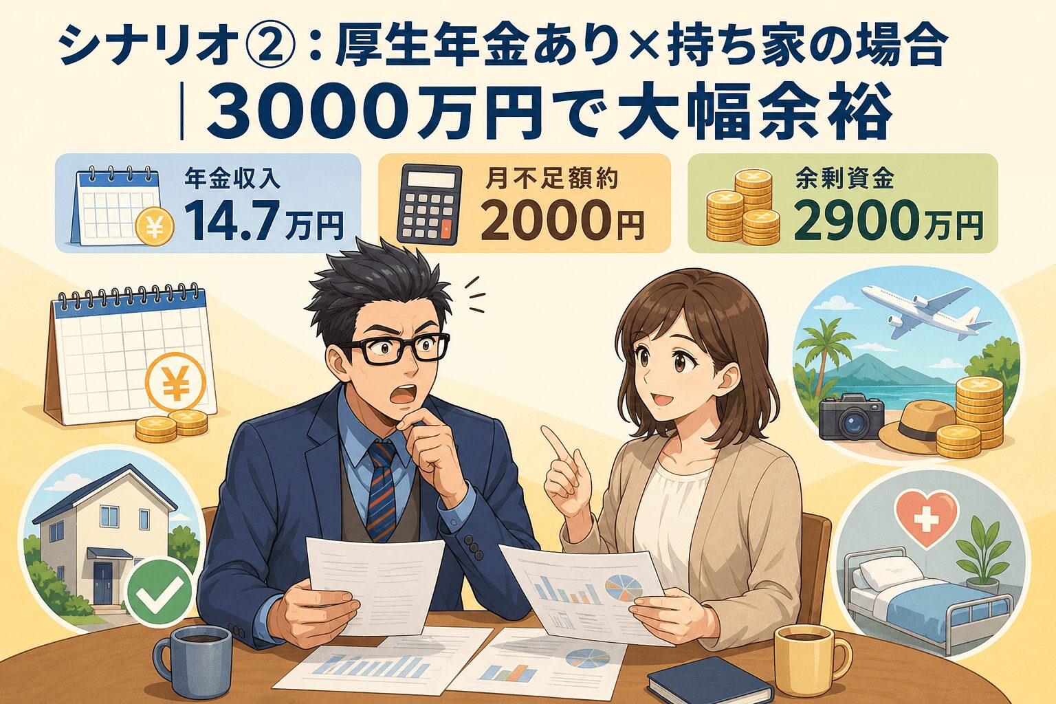 3000万円で自由な老後を手に入れる!について年金収入14.7万円や月不足額約2000円や余剰資金2900万円などの要素を描いたイラスト