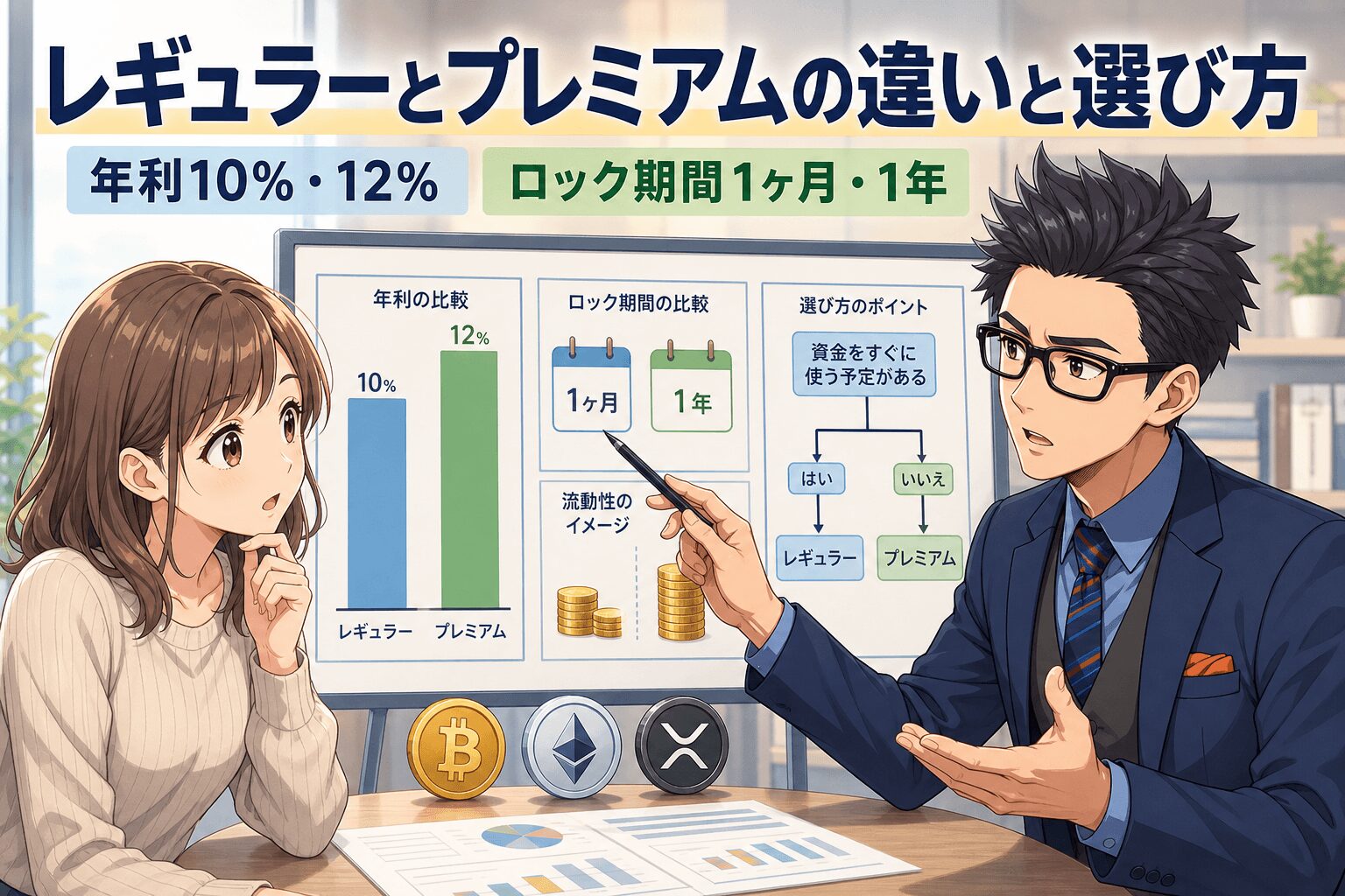 選ぶべきはどっち?利回りの秘密とはについて年利10%・12%やロック期間1ヶ月・1年などの要素を描いたイラスト