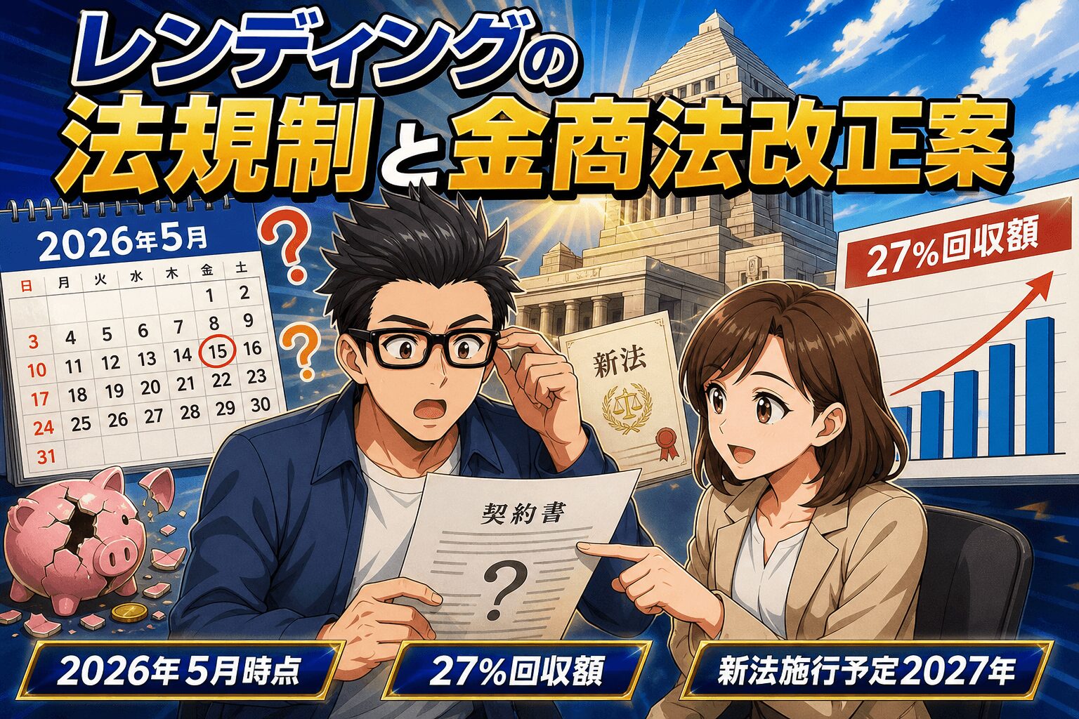 資産は守られない?レンディングの危険性について2026年5月時点や27%回収額や新法施行予定2027年などの要素を描いたイラスト