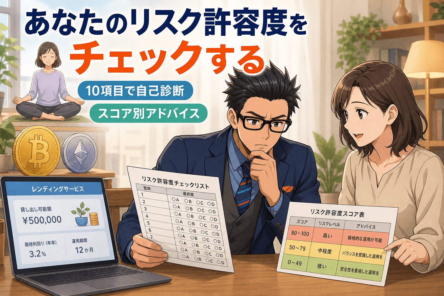 あなたはどれだけリスクを許容できる?について10項目で自己診断やスコア別アドバイスなどの要素を描いたイラスト
