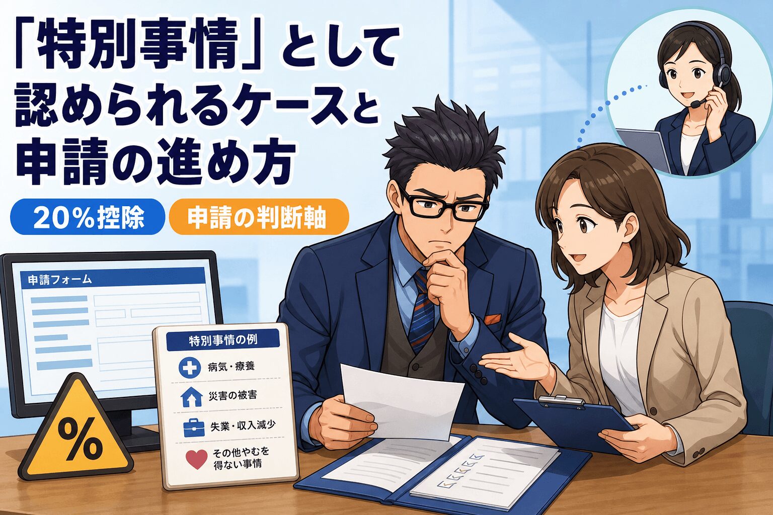 特別事情を知って損を避けよう!について20%控除や申請の判断軸などの要素を描いたイラスト