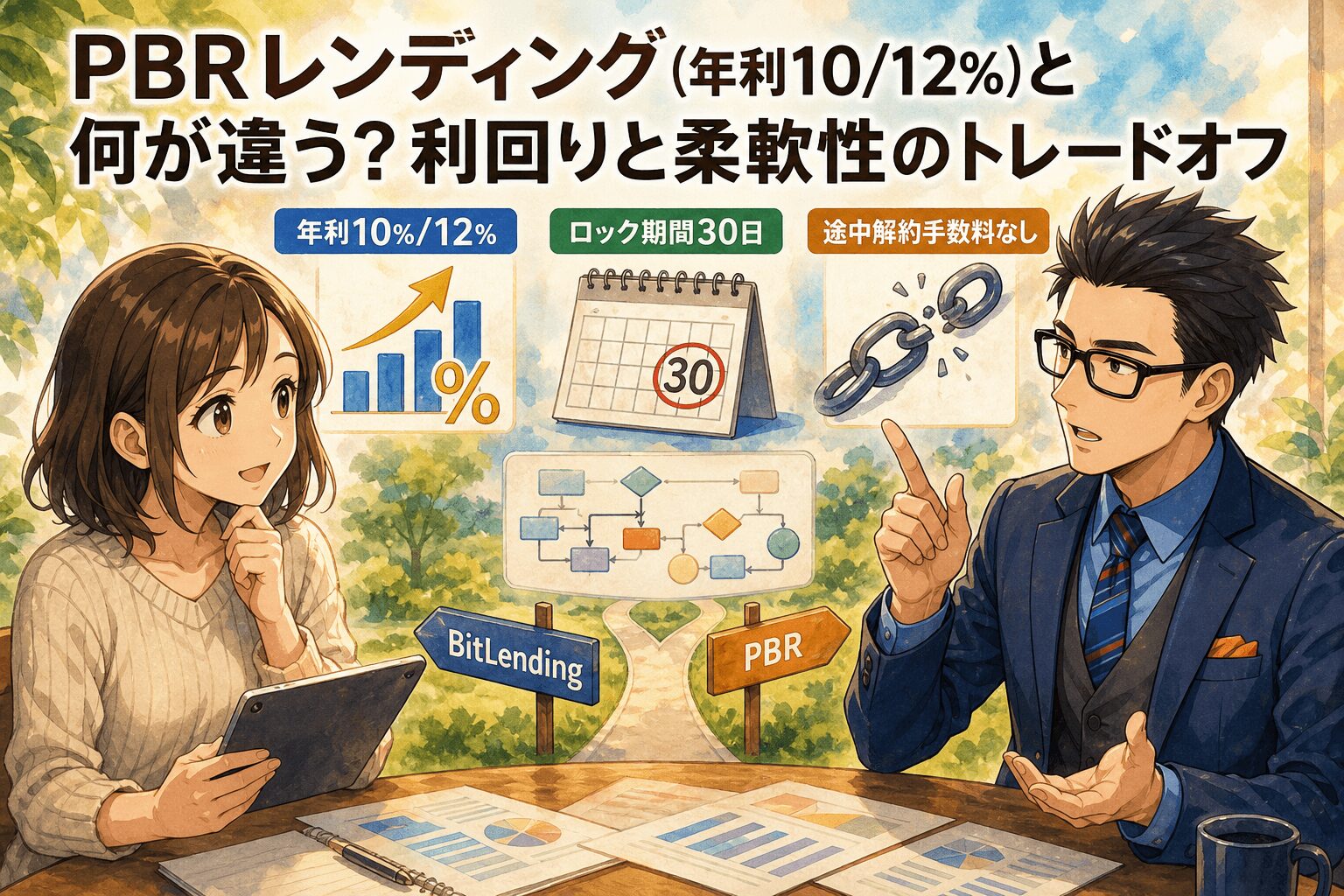 利回りだけじゃない!選ぶべき理由とは?について年利10%/12%やロック期間30日や途中解約手数料なしなどの要素を描いたイラスト