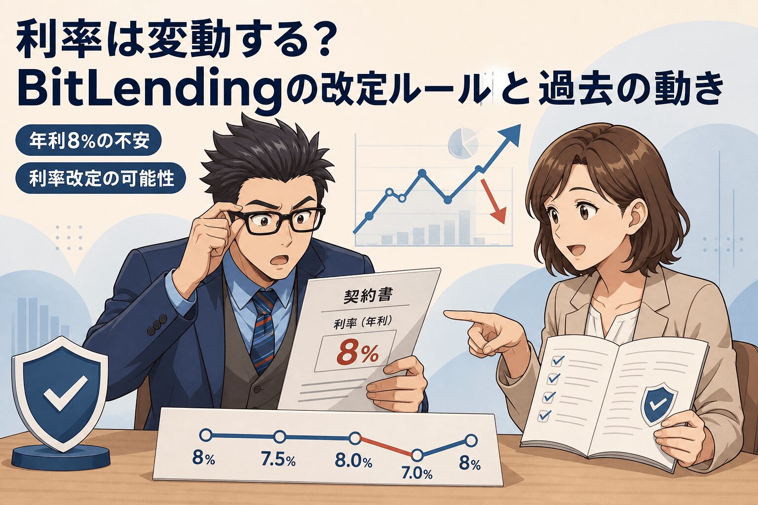 契約後の利率は本当に保証されるの?について年利8%の不安や利率改定の可能性などの要素を描いたイラスト