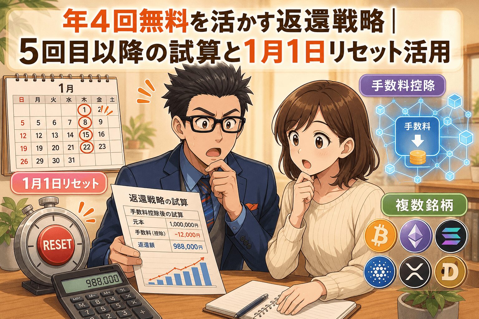 年4回無料を賢く使いこなせ!について手数料控除や1月1日リセットや複数銘柄などの要素を描いたイラスト