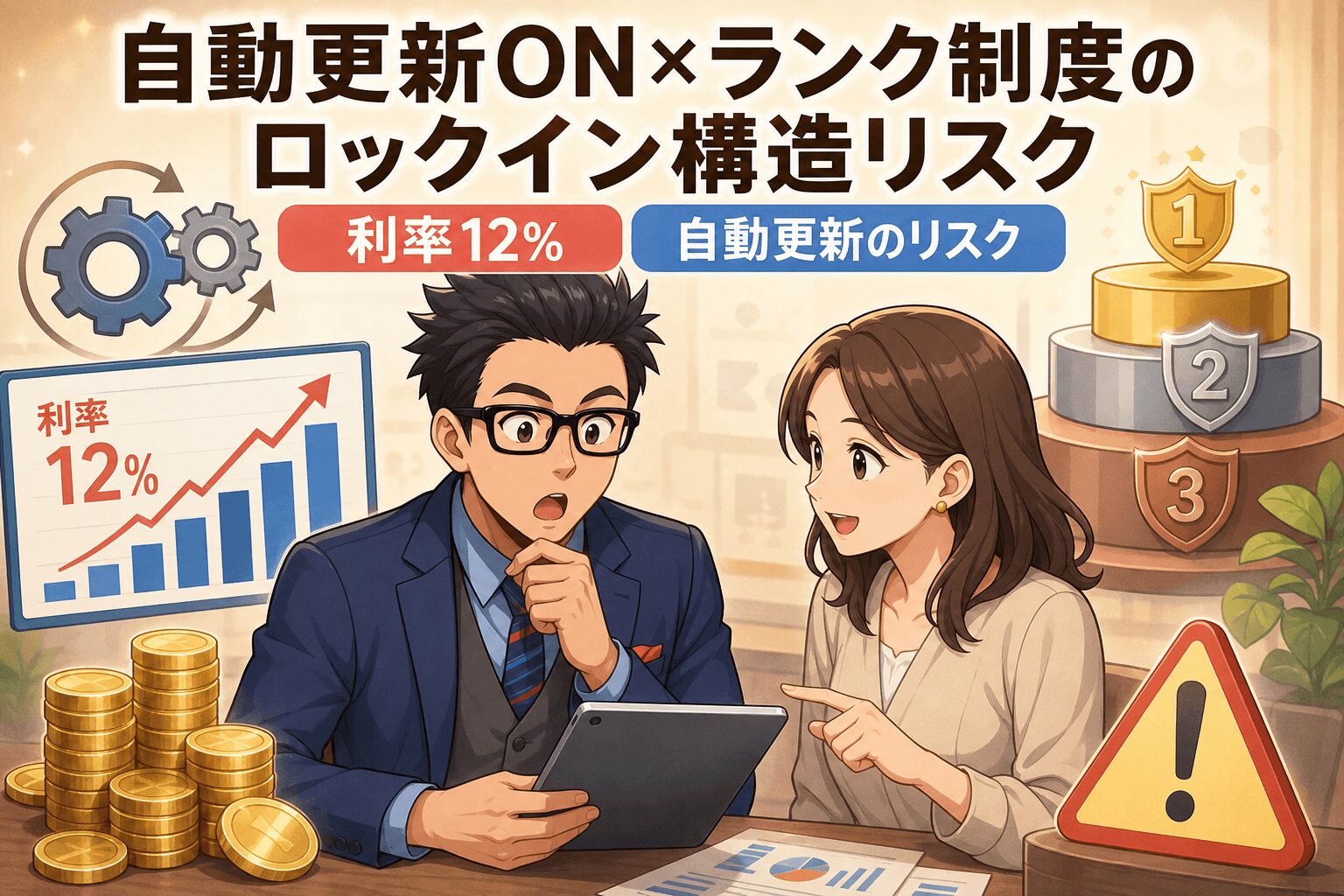 自動更新の罠、あなたは気づいているか?について利率12%や自動更新のリスクなどの要素を描いたイラスト