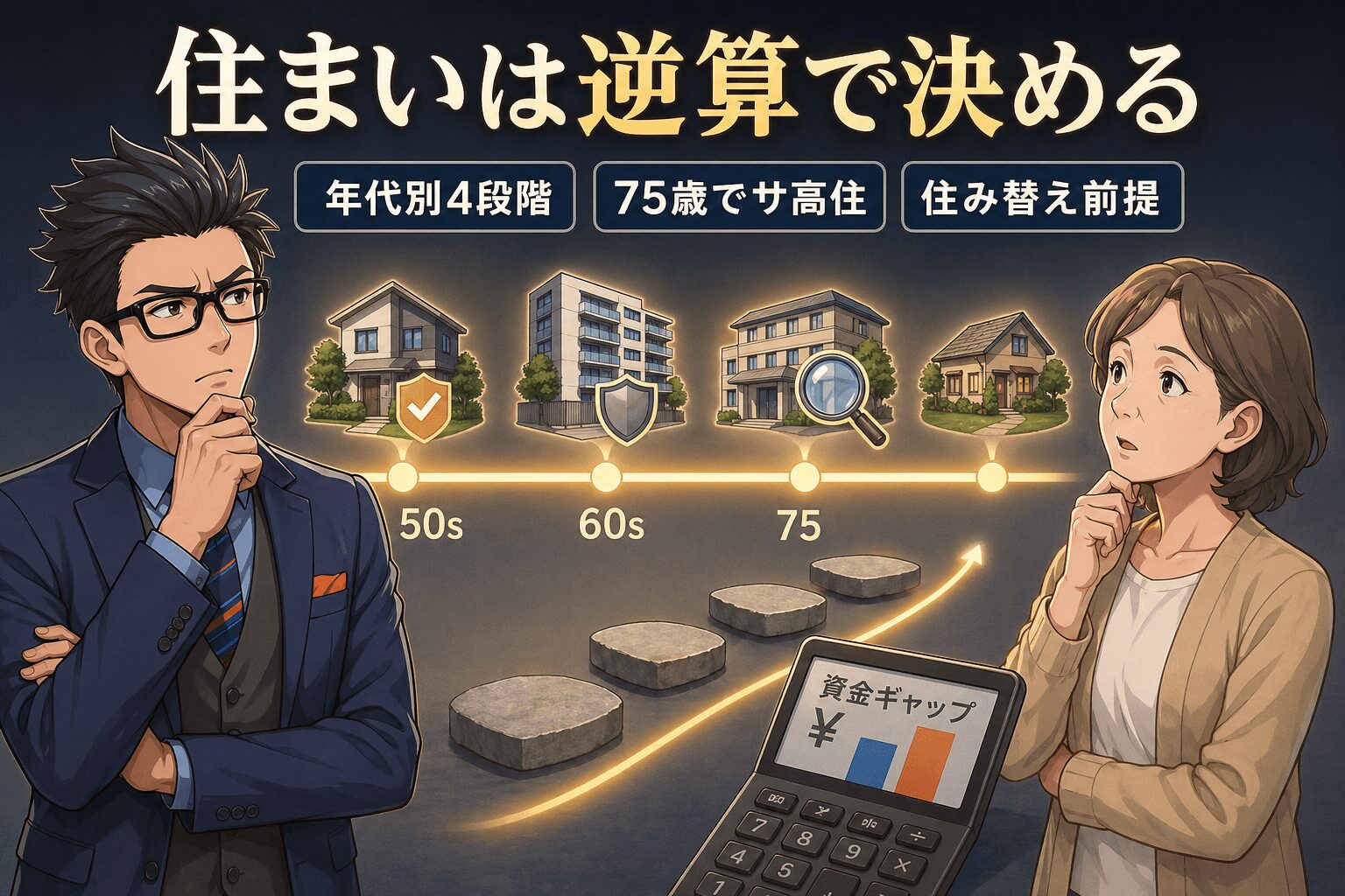 住まいは逆算で決めるについて年代別4段階や75歳でサ高住や住み替え前提などの要素を描いたイラスト