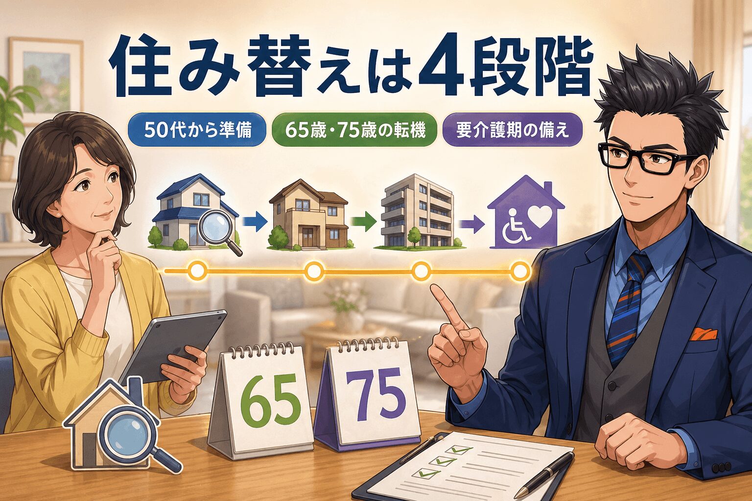 住み替えは4段階について50代から準備や65歳・75歳の転機や要介護期の備えなどの要素を描いたイラスト