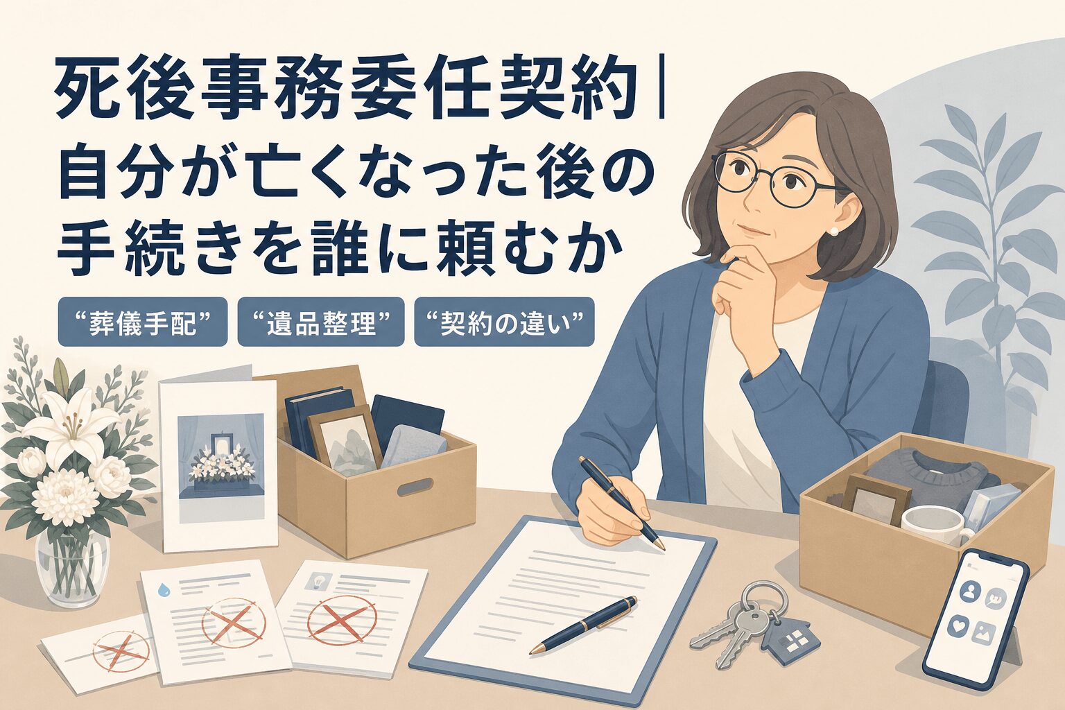 独身者こそ知っておくべき手続きについて葬儀手配や遺品整理や契約の違いなどの要素を描いたイラスト