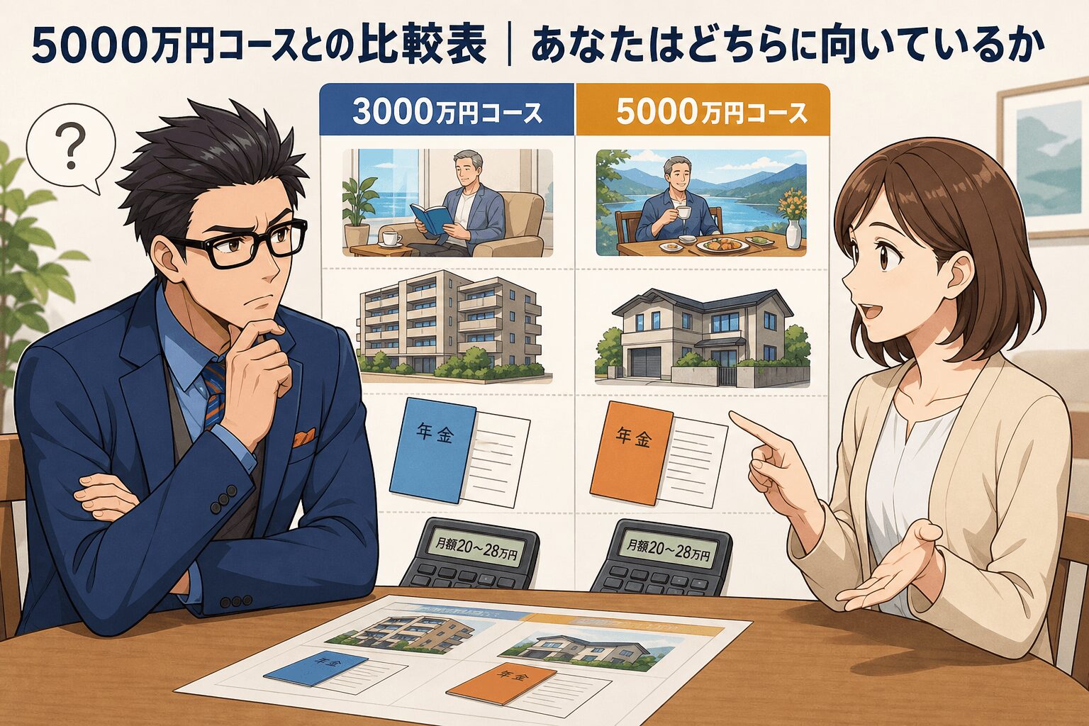 あなたの老後資金、どっちが正解?について3000万円コースや5000万円コースや月額20〜28万円などの要素を描いたイラスト