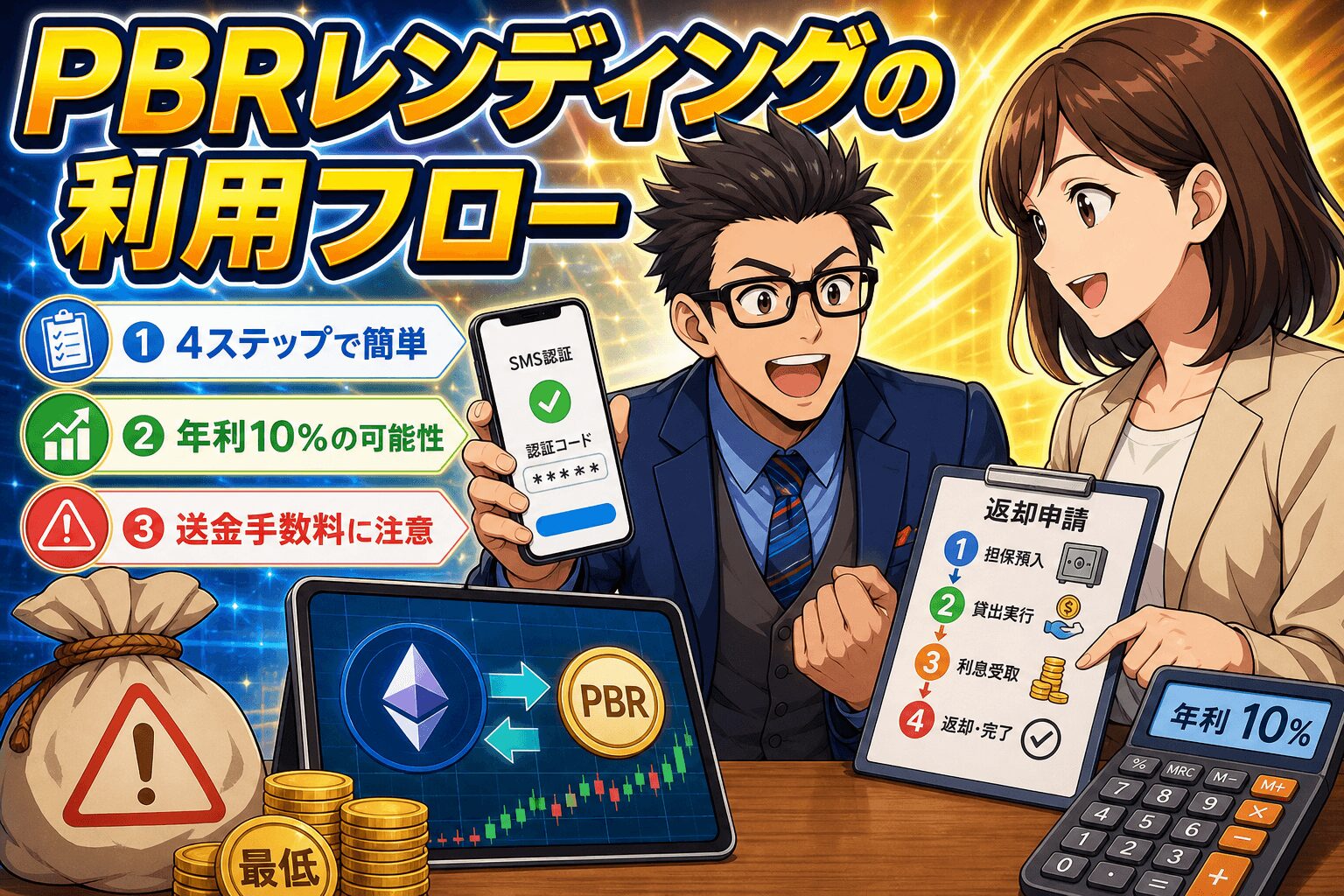 手順を知れば安心!PBRレンディングの流れについて4ステップで簡単や年利10%の可能性や送金手数料に注意などの要素を描いたイラスト