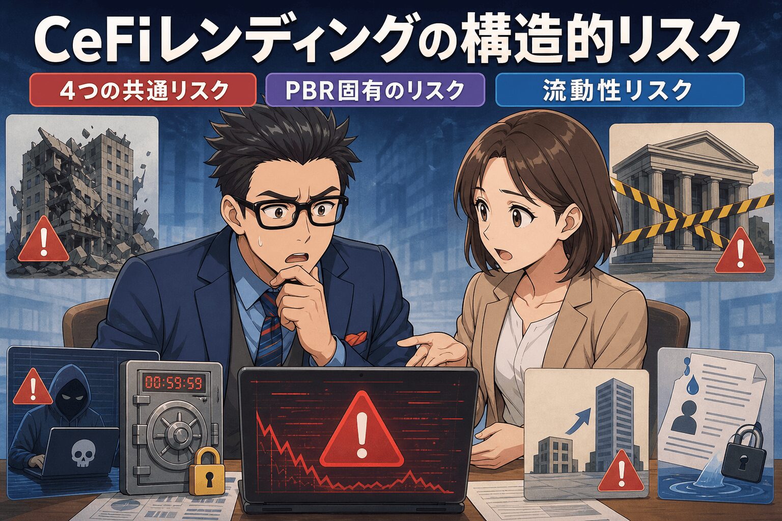 資産を預けるリスク、あなたは知っていますか?について4つの共通リスクやPBR固有のリスクや流動性リスクなどの要素を描いたイラスト