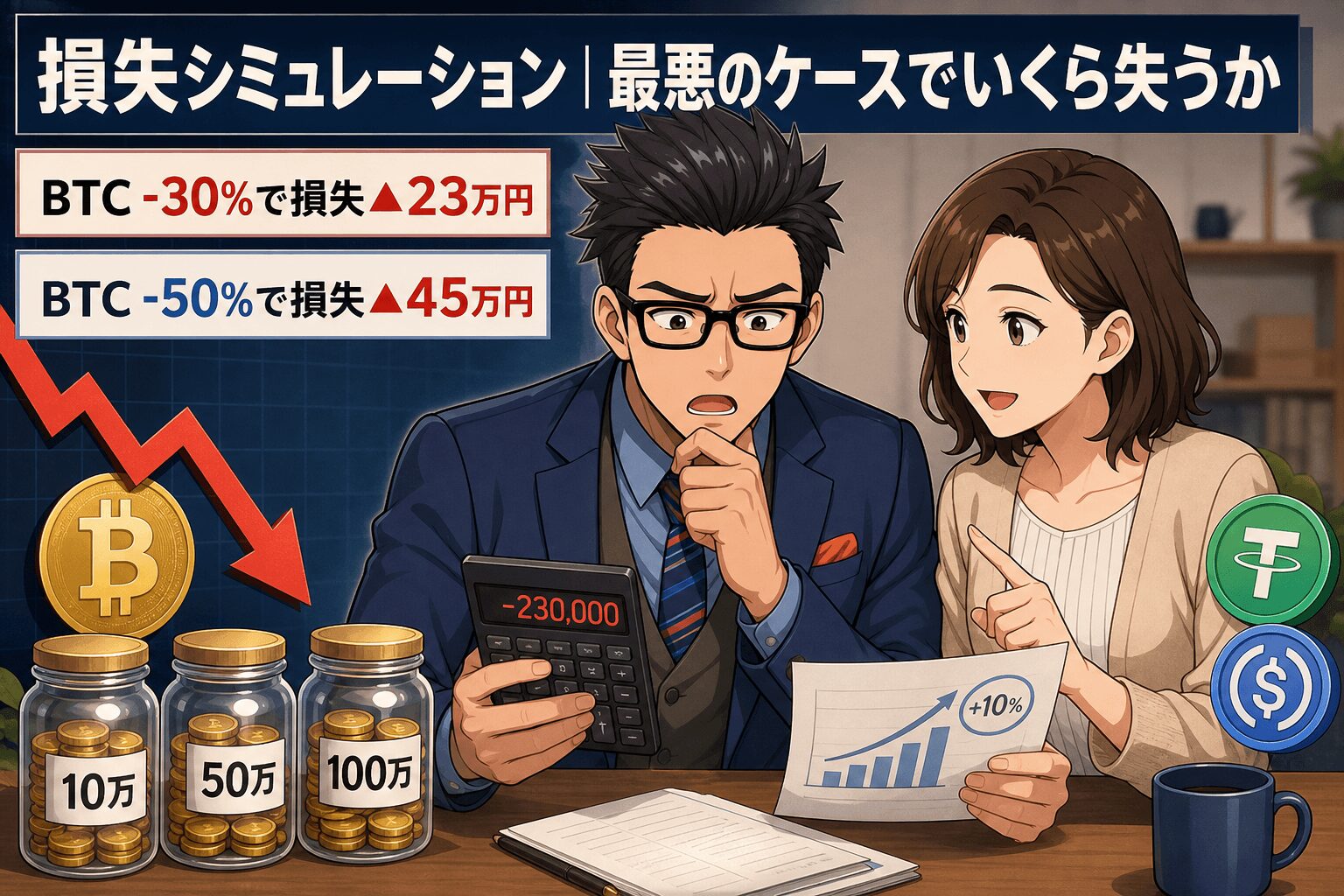 最悪のシナリオであなたはどれだけ失う?についてBTC -30%で損失▲23万円やBTC -50%で損失▲45万円などの要素を描いたイラスト