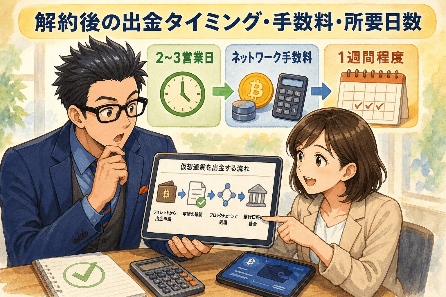 出金は1週間が現実的!について2〜3営業日やネットワーク手数料や1週間程度などの要素を描いたイラスト