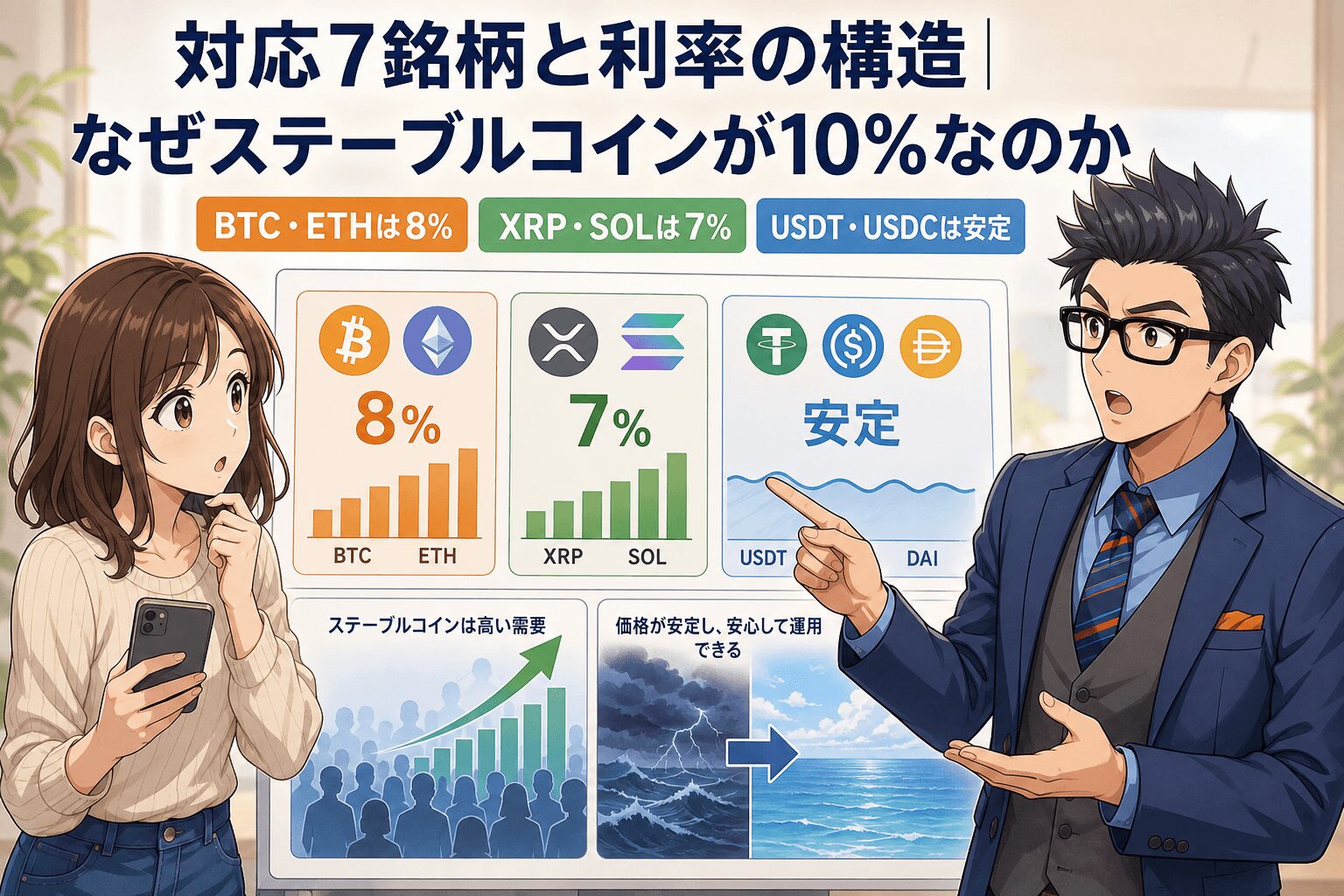 ステーブルコインの利率10%はなぜ?についてBTC・ETHは8%やXRP・SOLは7%やUSDT・USDCは安定などの要素を描いたイラスト