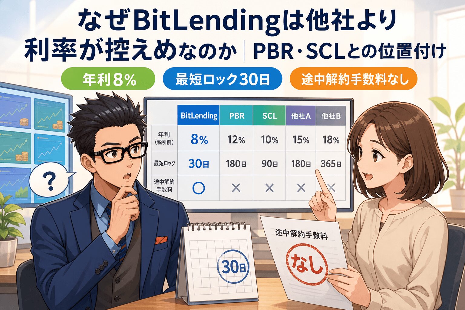 利率が低い理由は柔軟性とのトレードオフ!について年利8%や最短ロック30日や途中解約手数料なしなどの要素を描いたイラスト