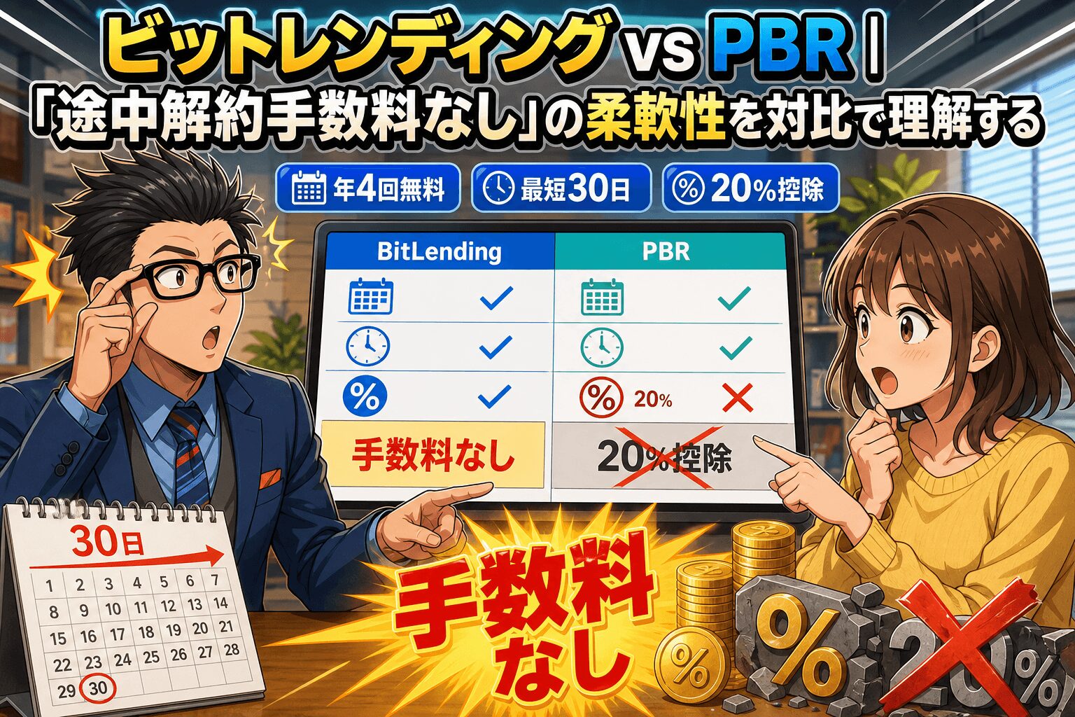 解約手数料ゼロの価値とは?について年4回無料や最短30日や20%控除などの要素を描いたイラスト