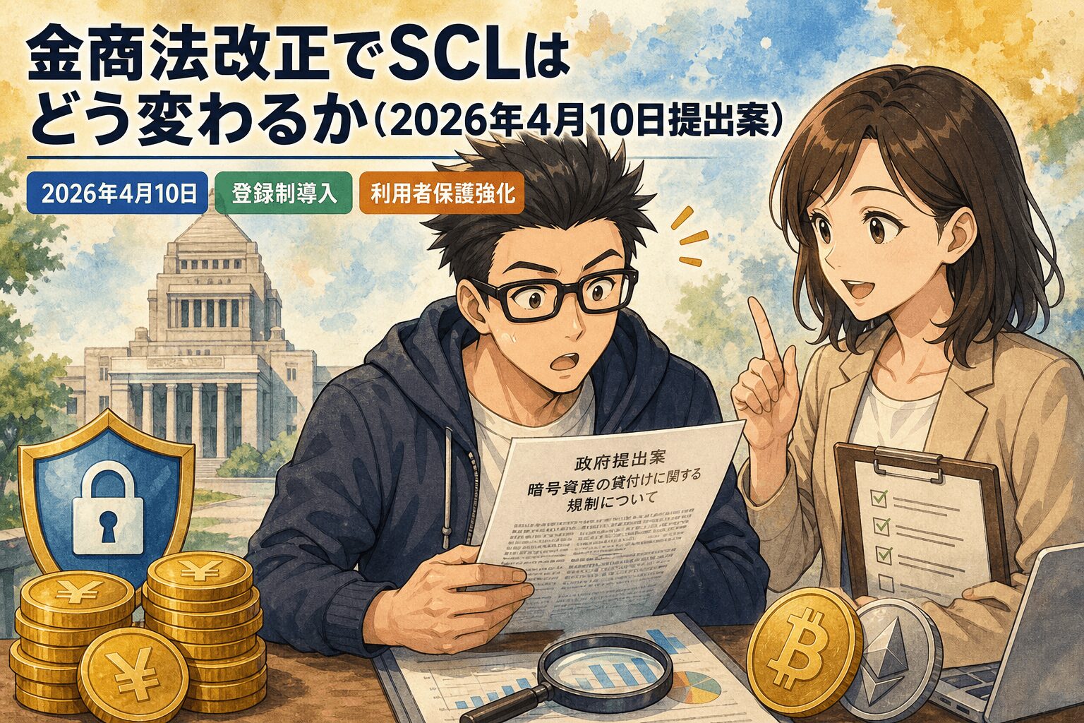 レンディング業界が一変する!について2026年4月10日や登録制導入や利用者保護強化などの要素を描いたイラスト