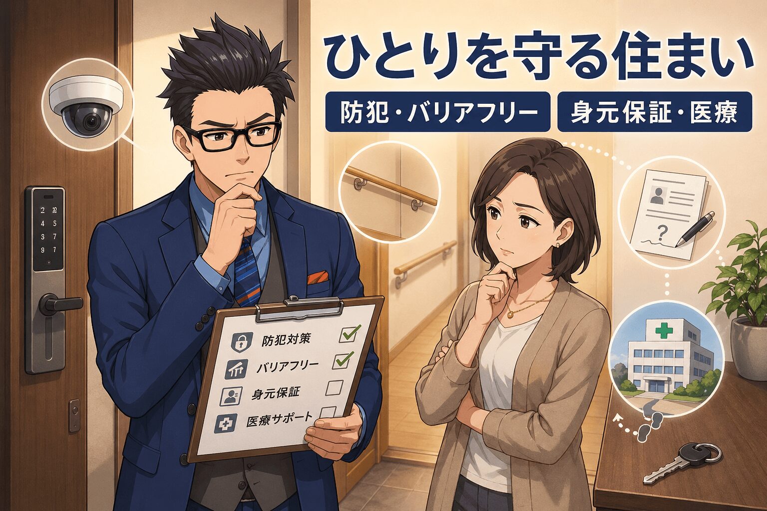 ひとりを守る住まいについて防犯・バリアフリーや身元保証・医療などの要素を描いたイラスト