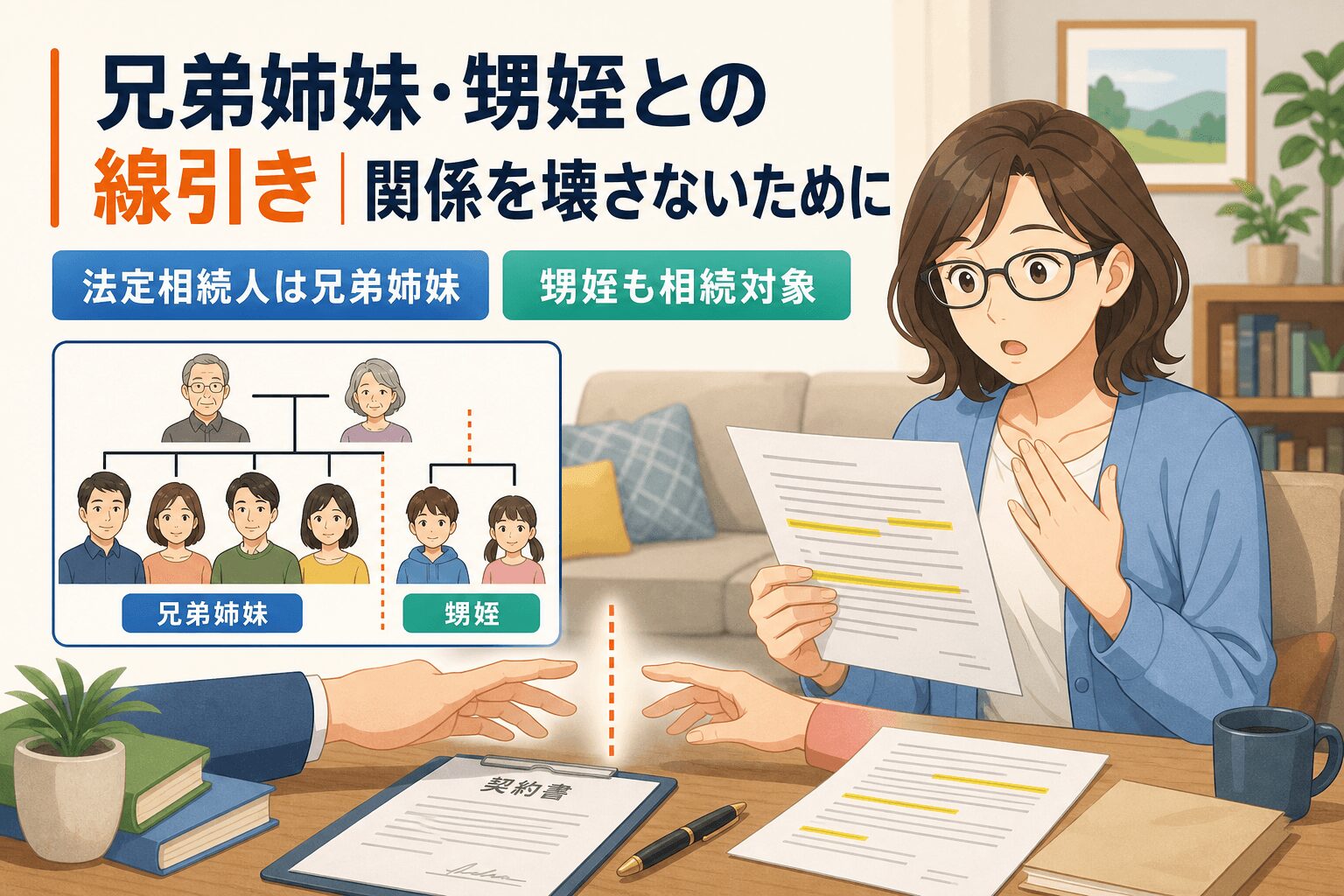 相続問題で関係を壊さないためにについて法定相続人は兄弟姉妹や甥姪も相続対象などの要素を描いたイラスト