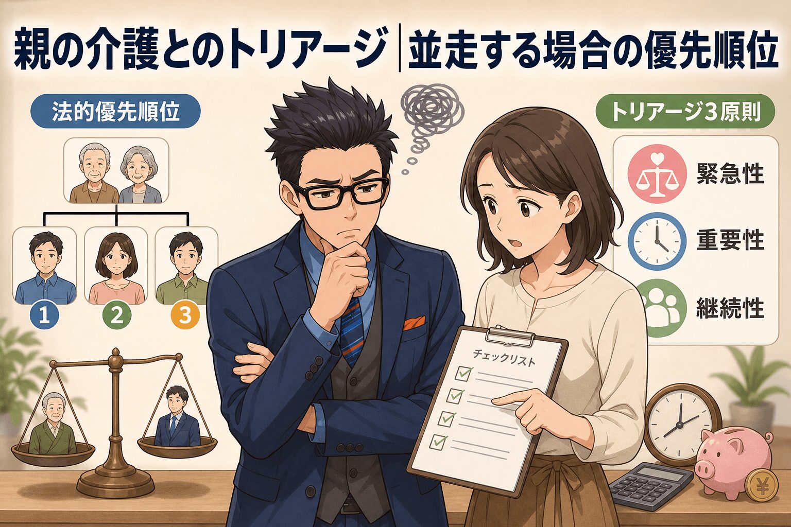 親の介護は最優先!姉のケアは後回しでOKについて法的優先順位やトリアージ3原則などの要素を描いたイラスト