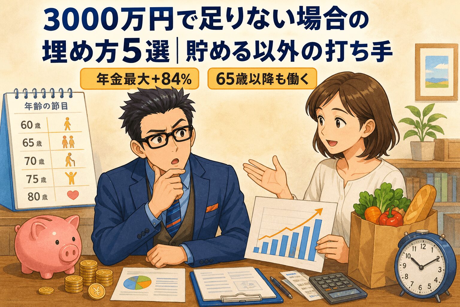 3000万円不足を解消する方法はこれだ!について年金最大+84%や65歳以降も働くなどの要素を描いたイラスト