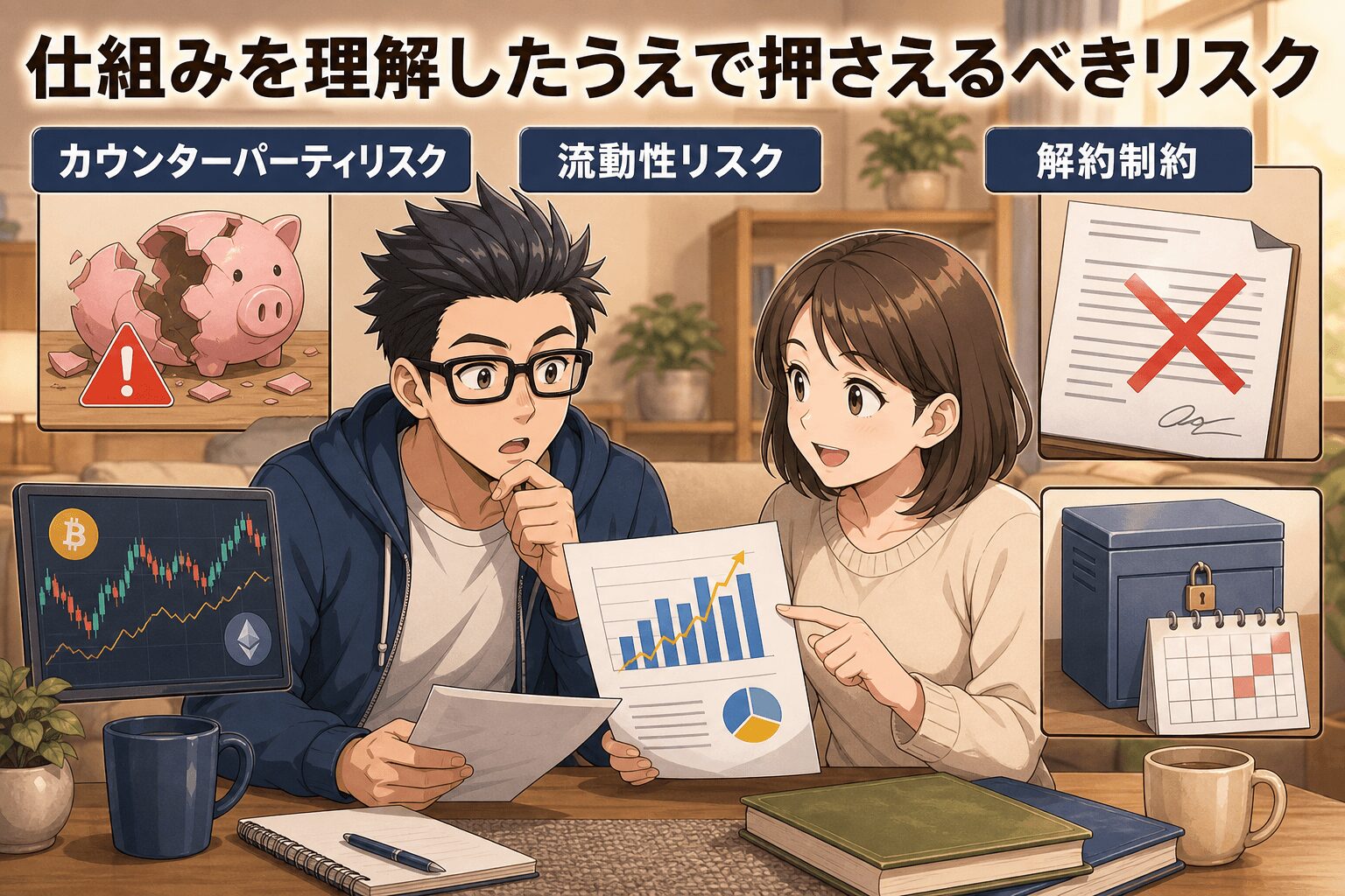 暗号資産レンディングのリスクは見逃せない!についてカウンターパーティリスクや流動性リスクや解約制約などの要素を描いたイラスト