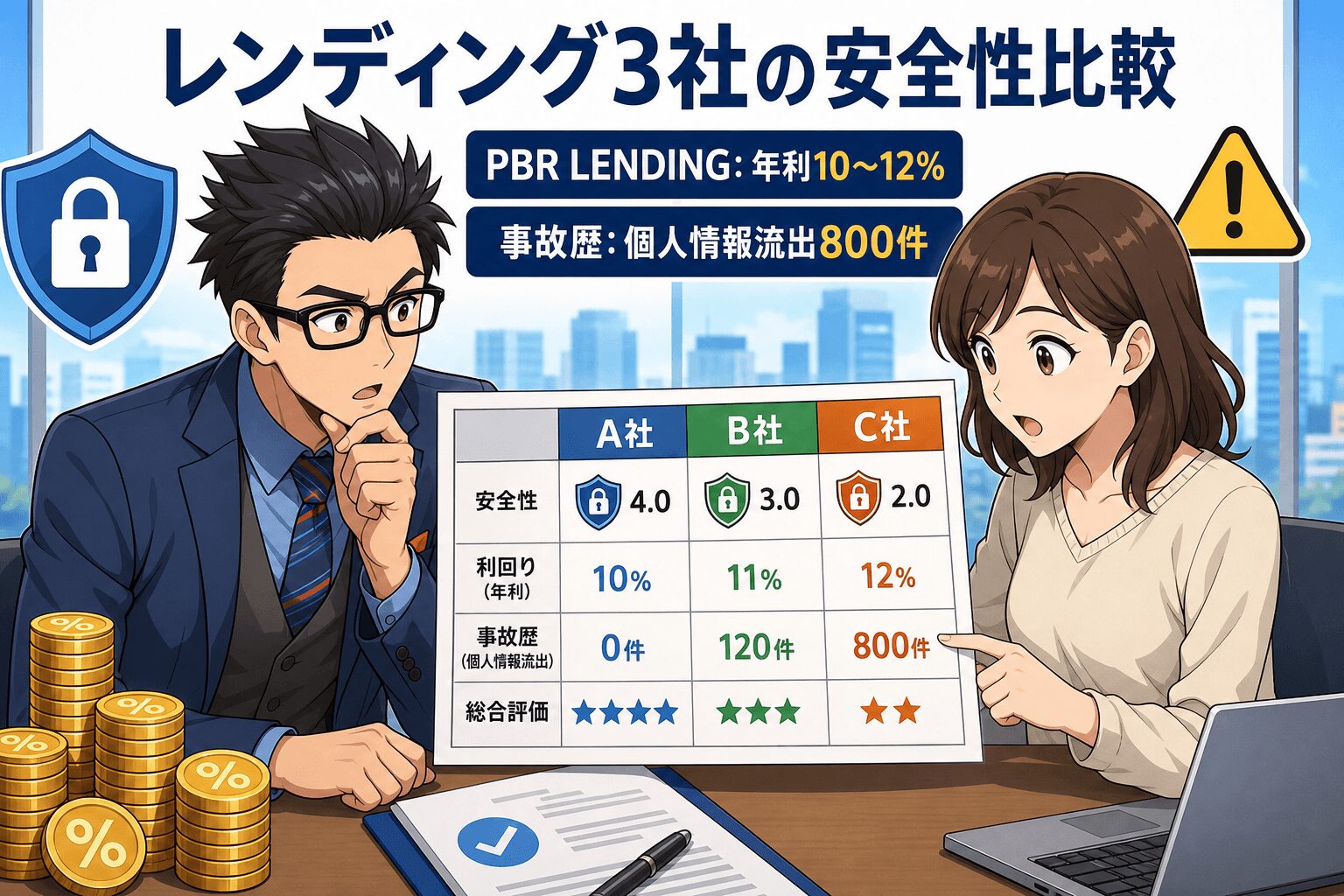 あなたの資産、大丈夫?についてPBR LENDING: 年利10〜12%や事故歴: 個人情報流出800件などの要素を描いたイラスト