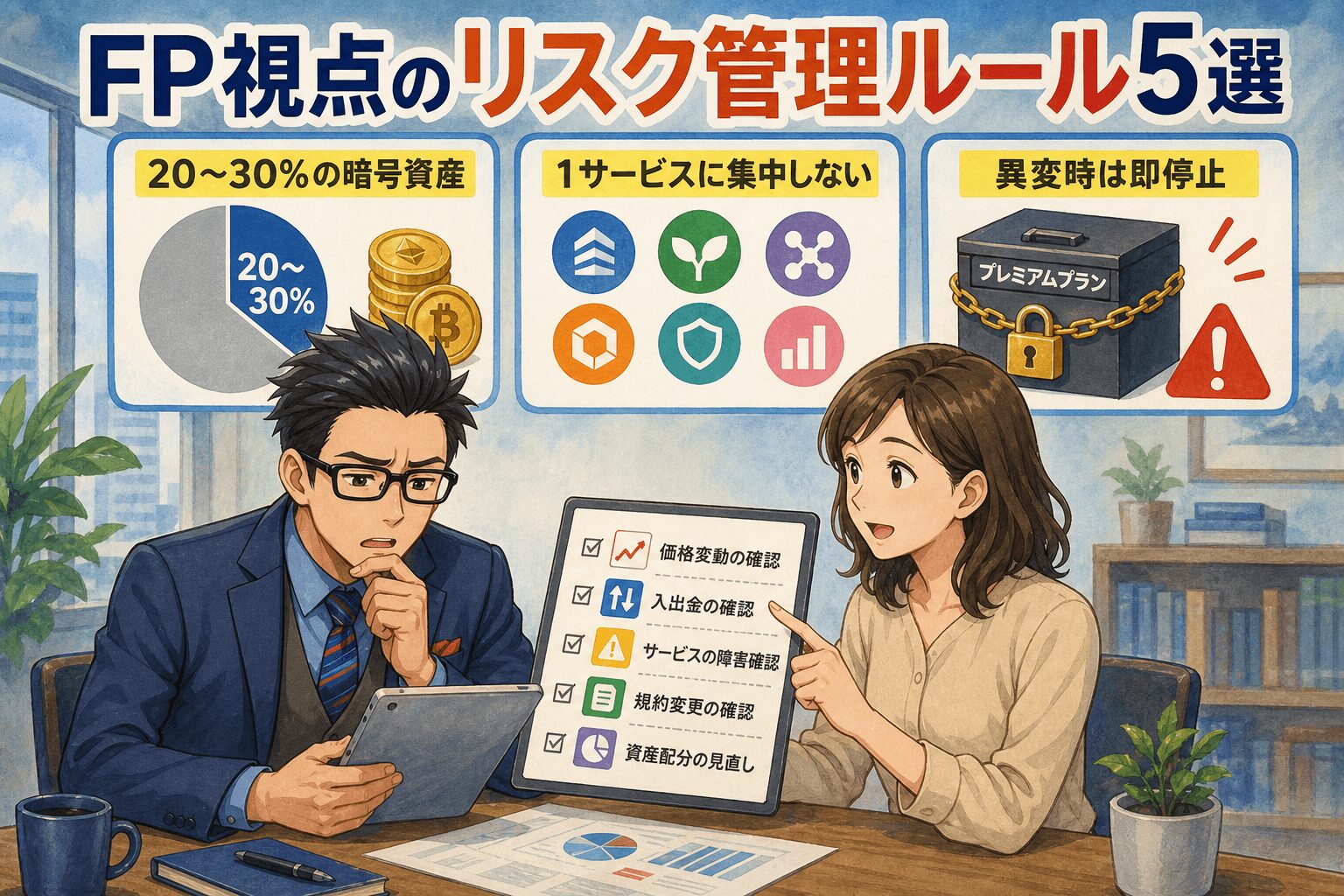 資産を守るためのリスク管理術!について20〜30%の暗号資産や1サービスに集中しないや異変時は即停止などの要素を描いたイラスト