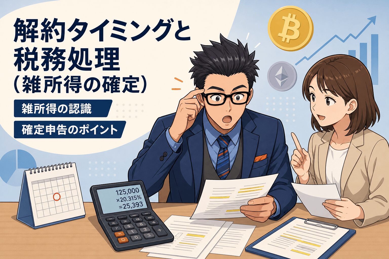解約後の税処理、知識が命!について雑所得の認識や確定申告のポイントなどの要素を描いたイラスト