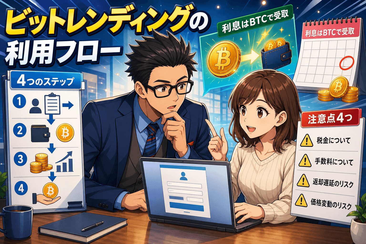 手順はたったの4つ!始め方を徹底解説について4つのステップや利息はBTCで受取や注意点4つなどの要素を描いたイラスト