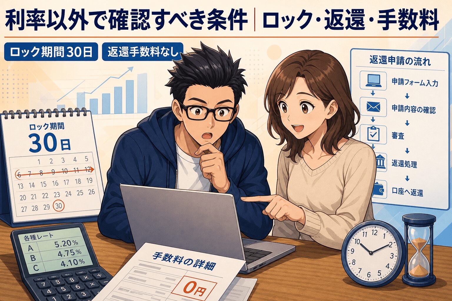 利率だけじゃない!BitLendingの真実についてロック期間30日や返還手数料なしなどの要素を描いたイラスト