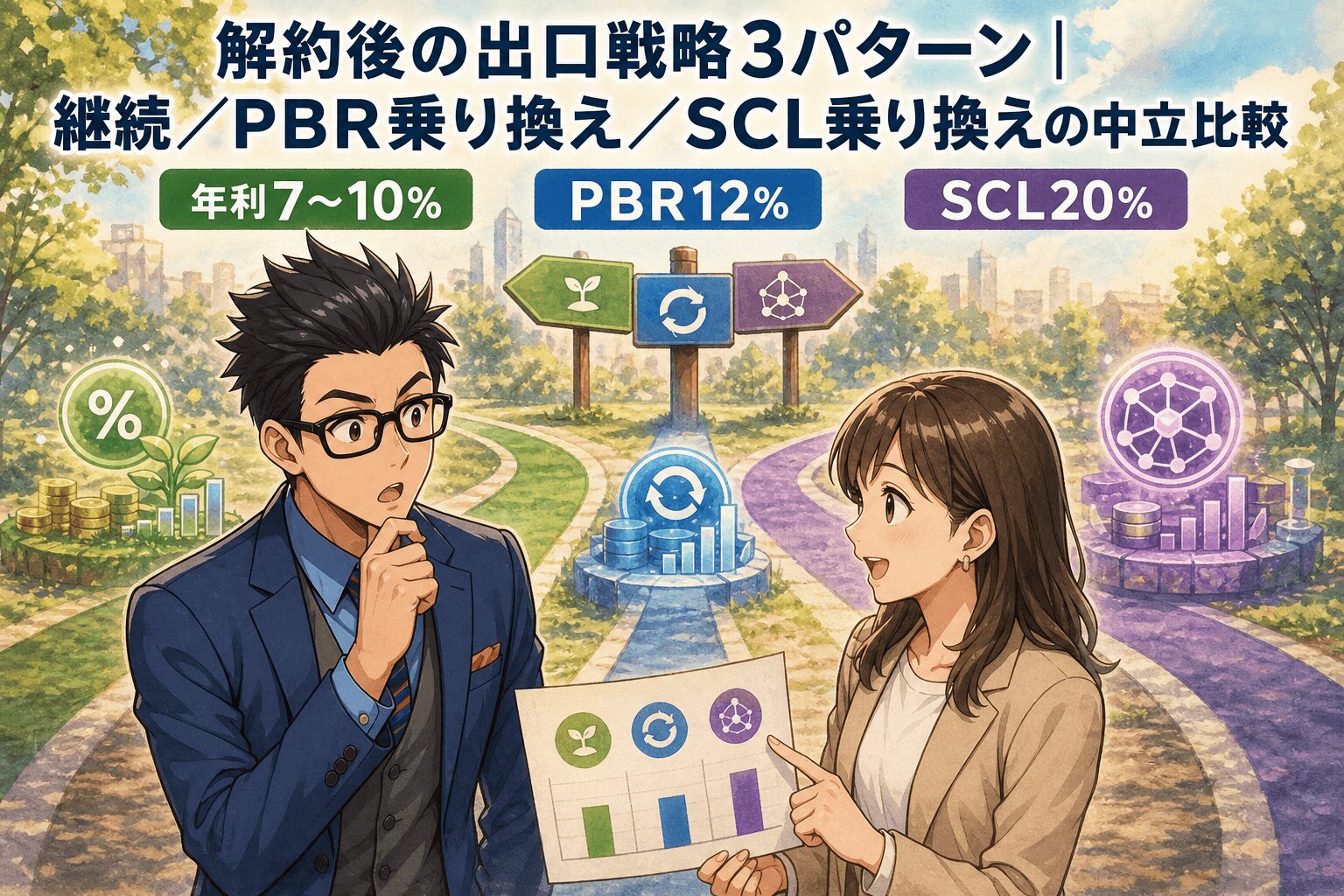 解約後の選択肢は3つ!あなたに最適なのは?について年利7〜10%やPBR12%やSCL20%などの要素を描いたイラスト