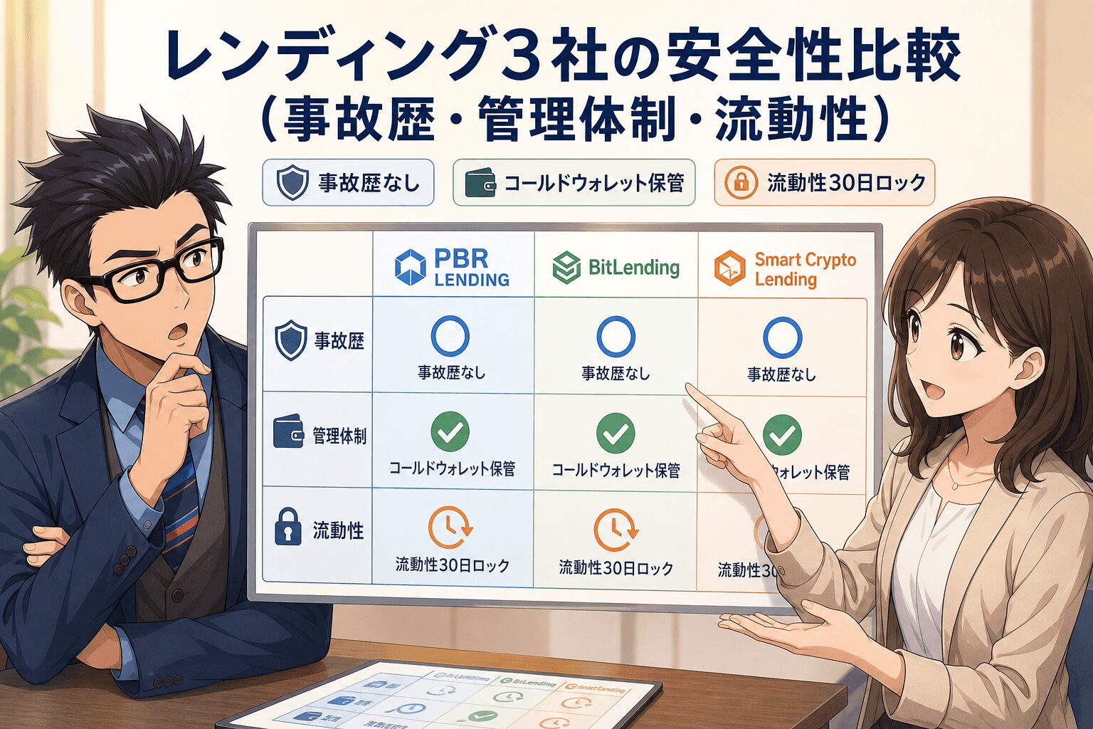 どのレンディングが最も安全なのか?について事故歴なしやコールドウォレット保管や流動性30日ロックなどの要素を描いたイラスト