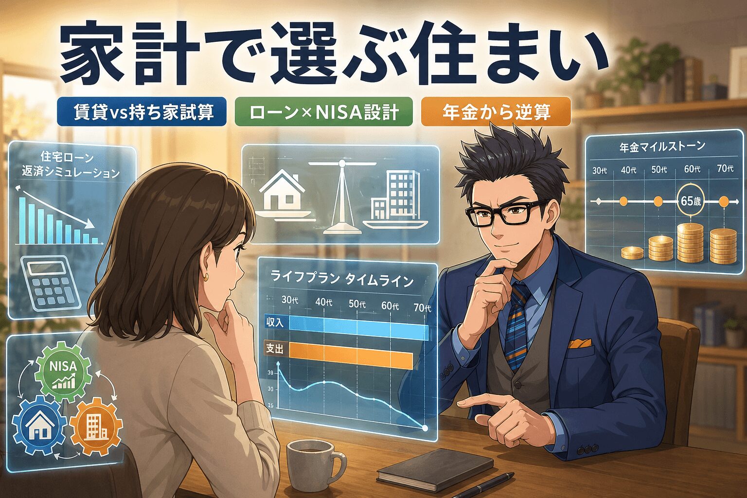 家計で選ぶ住まいについて賃貸vs持ち家試算やローン×NISA設計や年金から逆算などの要素を描いたイラスト