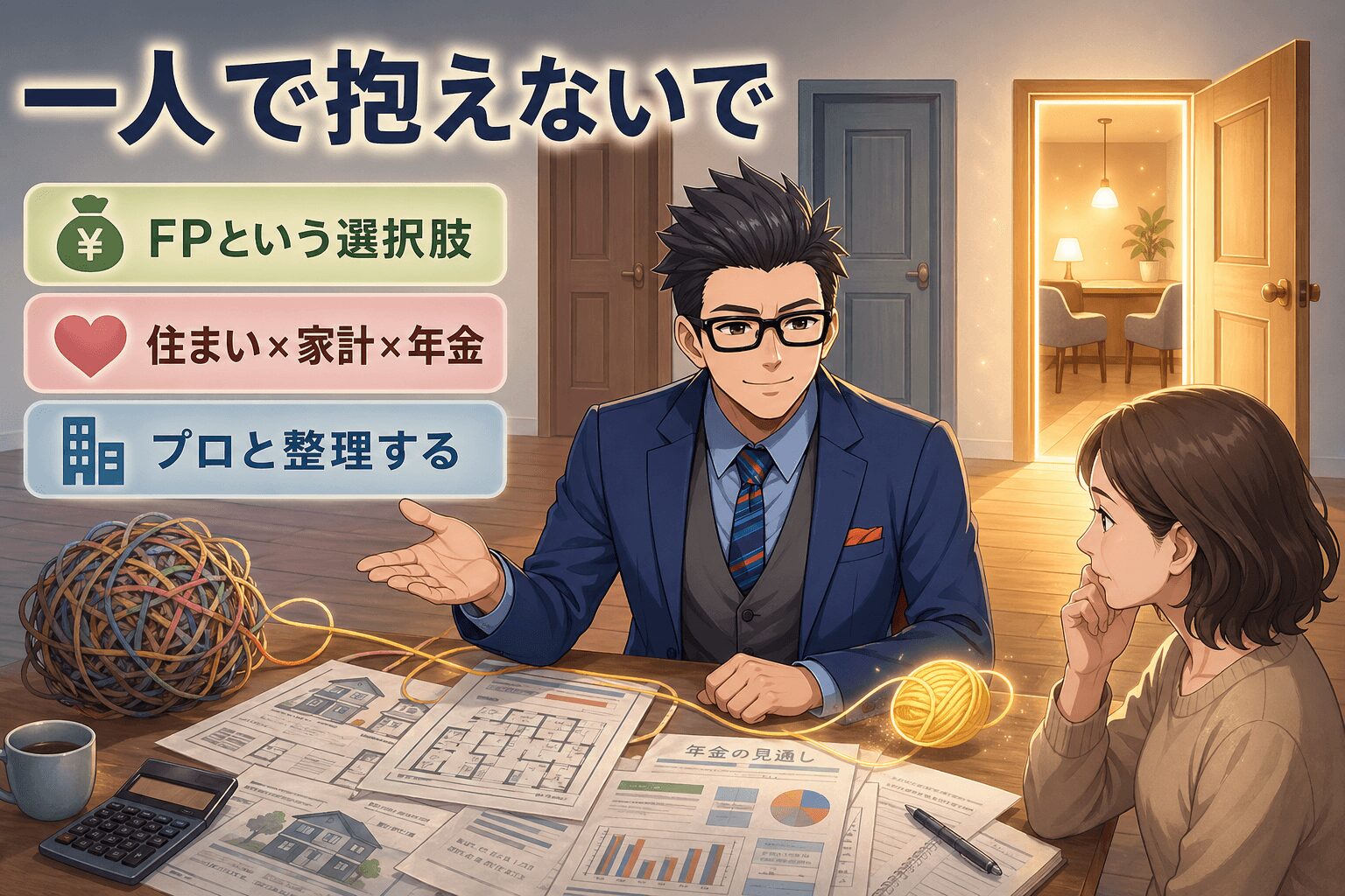 一人で抱えないでについてFPという選択肢や住まい×家計×年金やプロと整理するなどの要素を描いたイラスト