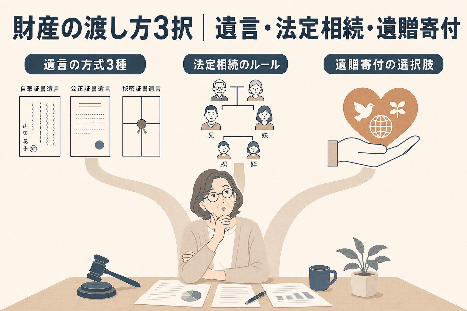 あなたの財産、どう渡す?について遺言の方式3種や法定相続のルールや遺贈寄付の選択肢などの要素を描いたイラスト
