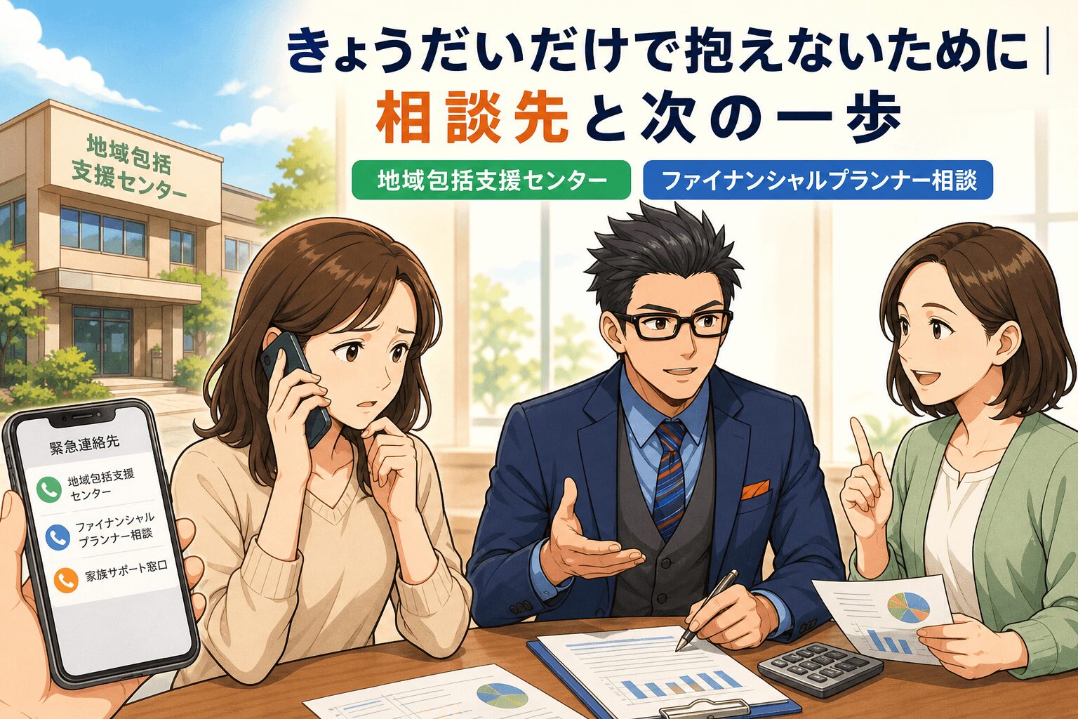 一人で抱え込む必要はない!について地域包括支援センターやファイナンシャルプランナー相談などの要素を描いたイラスト
