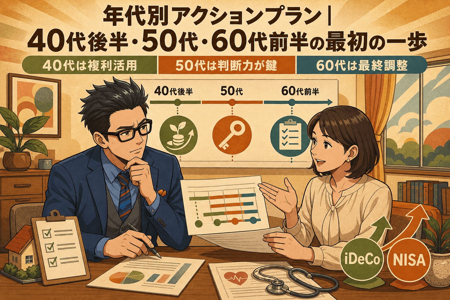 年代に応じた最初の一歩を踏み出そう!について40代は複利活用や50代は判断力が鍵や60代は最終調整などの要素を描いたイラスト