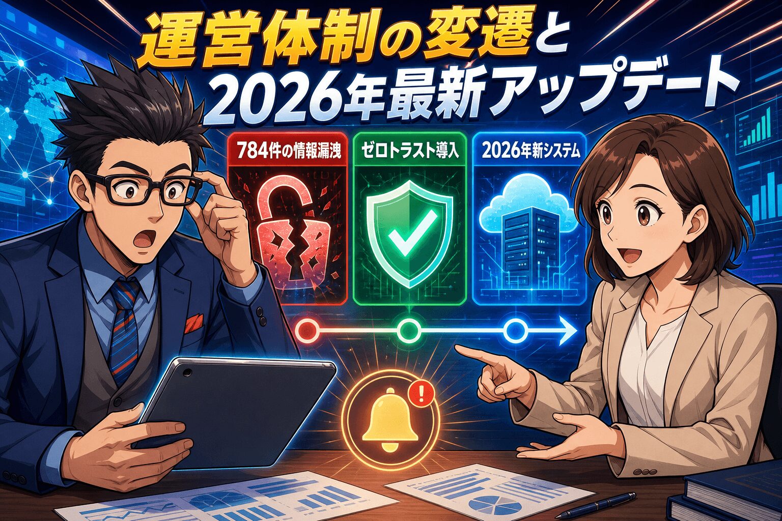運営体制が一新!2025年の危機から学んだことについて784件の情報漏洩やゼロトラスト導入や2026年新システムなどの要素を描いたイラスト