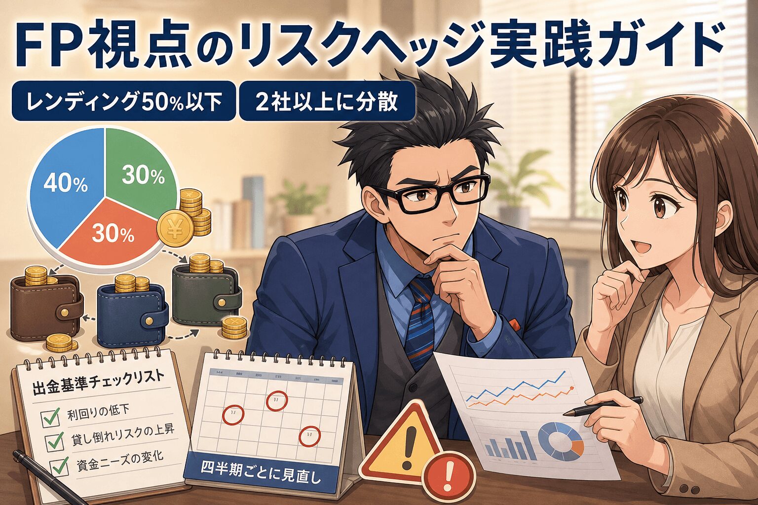 資産を守るための分散投資の極意についてレンディング50%以下や2社以上に分散などの要素を描いたイラスト