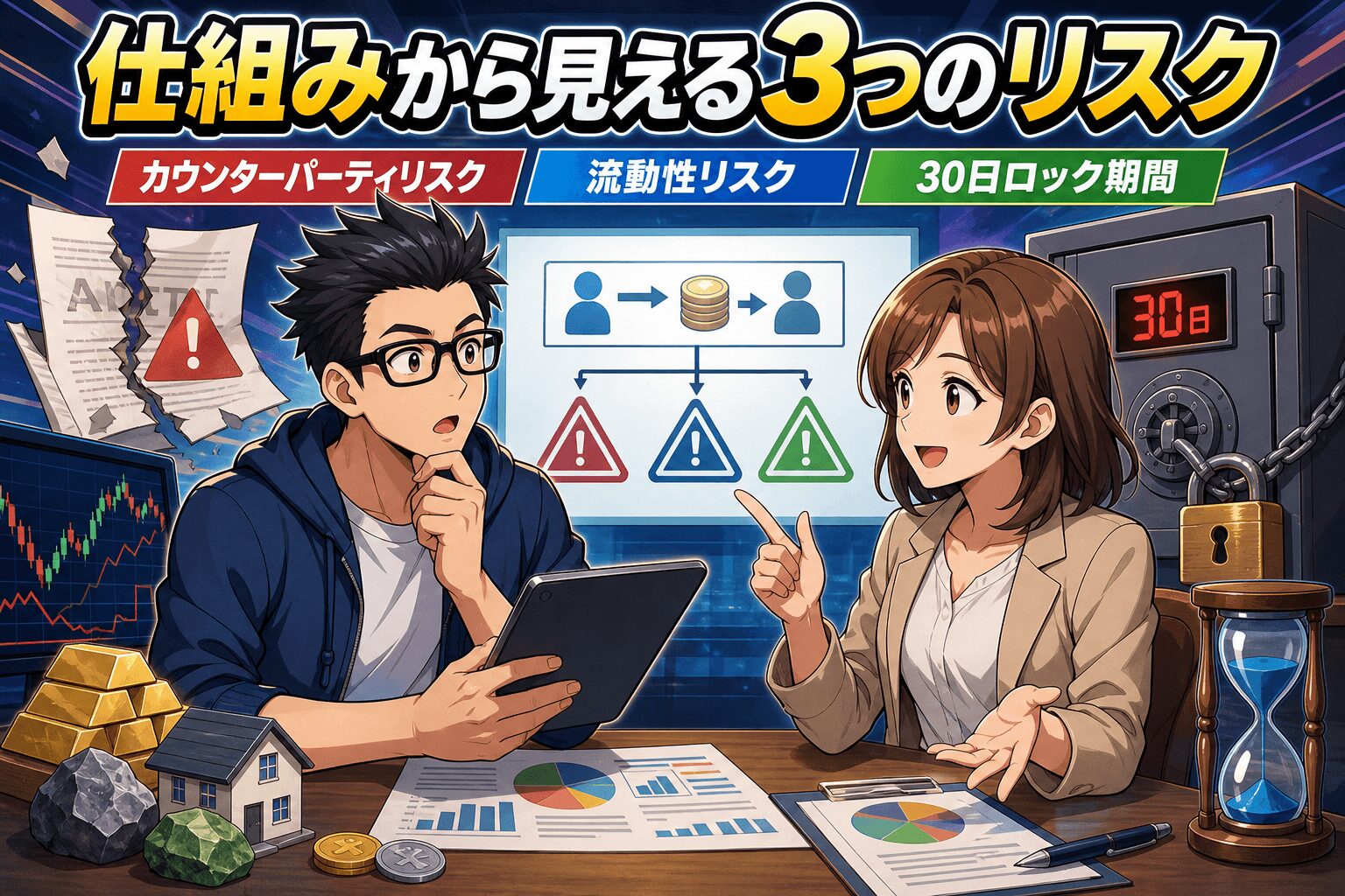 リスクを見逃すな!ビットレンディングの落とし穴についてカウンターパーティリスクや流動性リスクや30日ロック期間などの要素を描いたイラスト