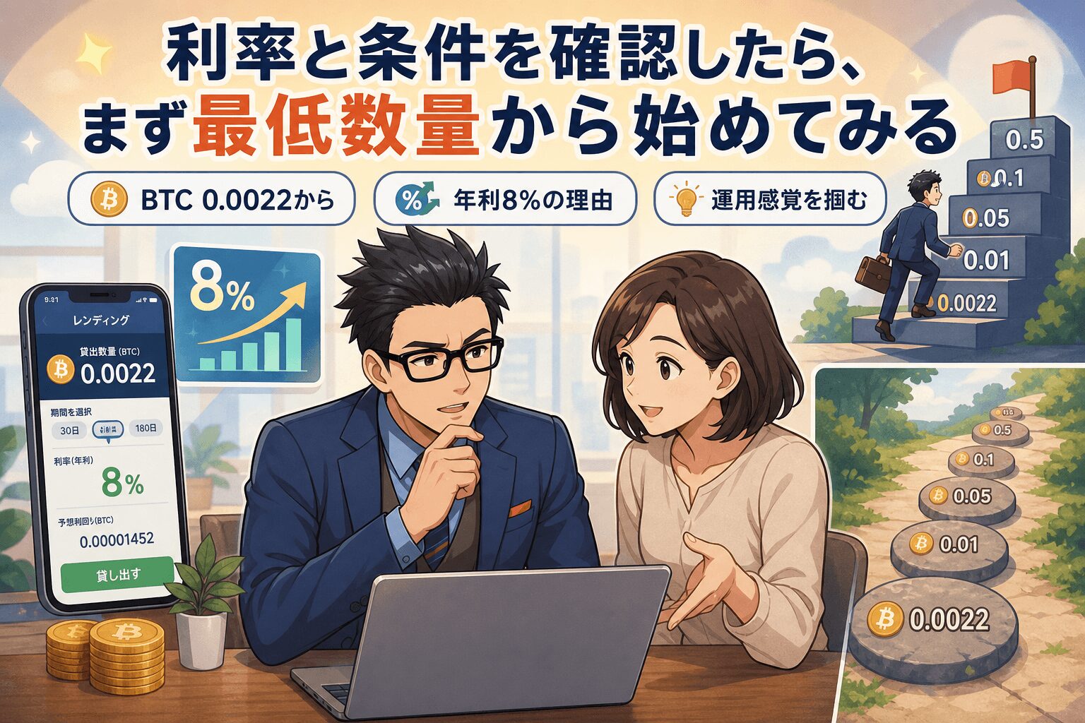少額から始める賢い第一歩!についてBTC 0.0022からや年利8%の理由や運用感覚を掴むなどの要素を描いたイラスト