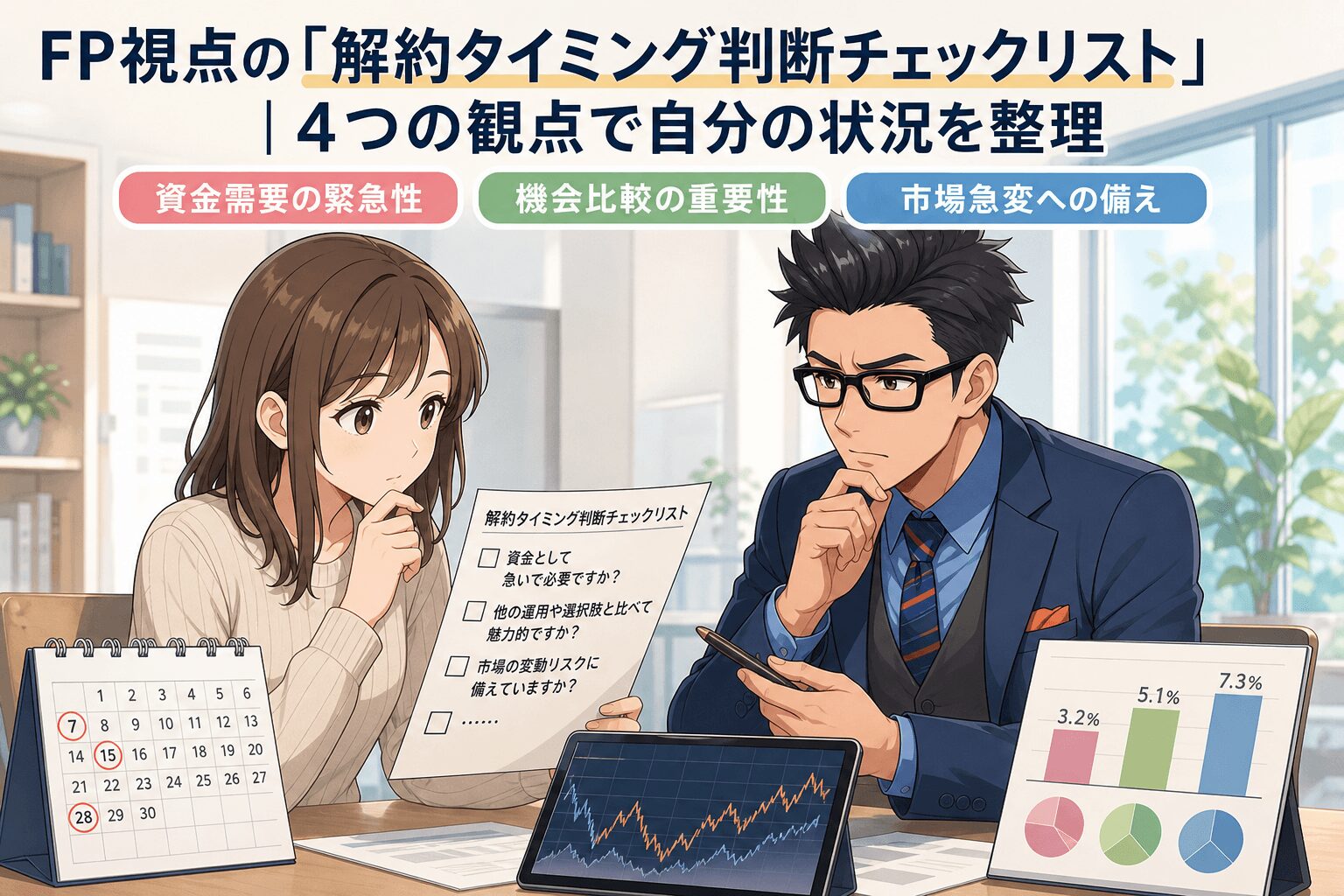 後悔しない解約のタイミングはこれだ!について資金需要の緊急性や機会比較の重要性や市場急変への備えなどの要素を描いたイラスト