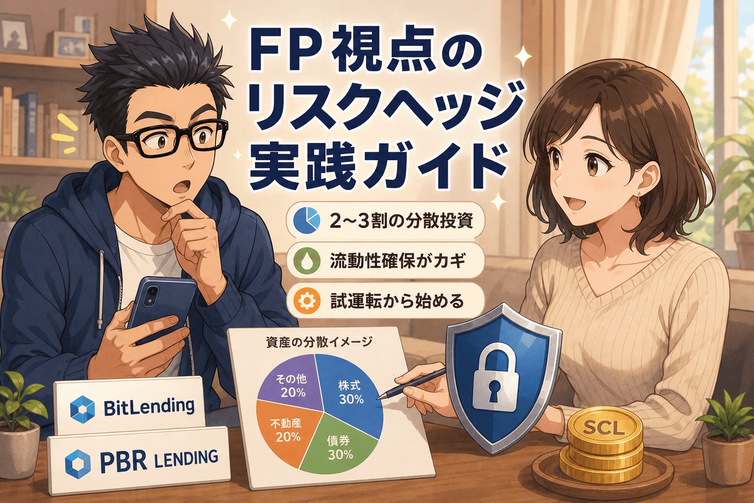 少額から始める安全な資産運用法について2〜3割の分散投資や流動性確保がカギや試運転から始めるなどの要素を描いたイラスト