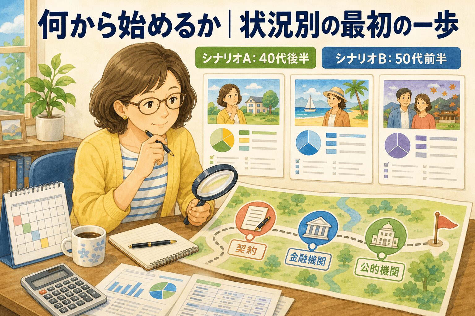 今から備える老後の選択肢についてシナリオA: 40代後半やシナリオB: 50代前半などの要素を描いたイラスト