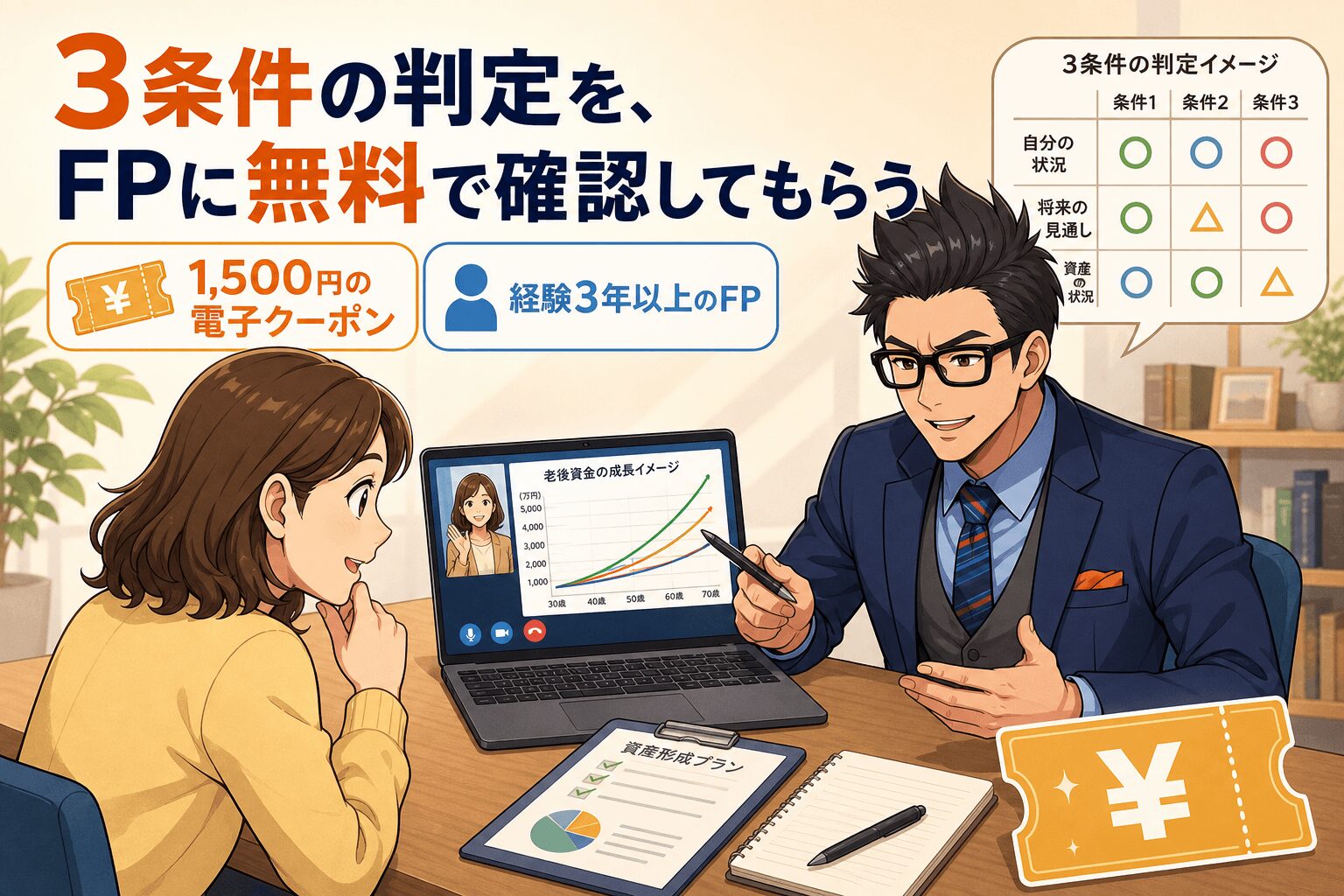 無料FP相談で老後資金を最適化!について国家資格FPによる無料相談や中立アドバイスなどの要素を描いたイラスト