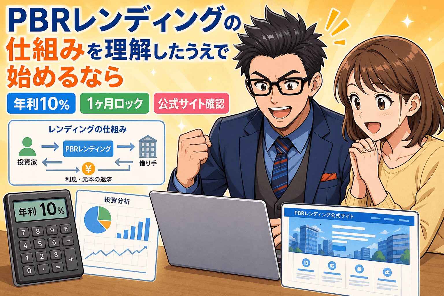 余裕資金で始める新しい投資法!について年利10%や1ヶ月ロックや公式サイト確認などの要素を描いたイラスト