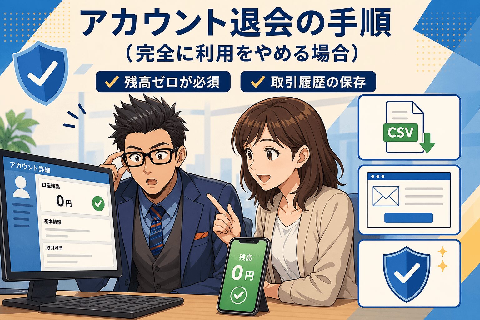退会手続きは意外に簡単!について残高ゼロが必須や取引履歴の保存などの要素を描いたイラスト