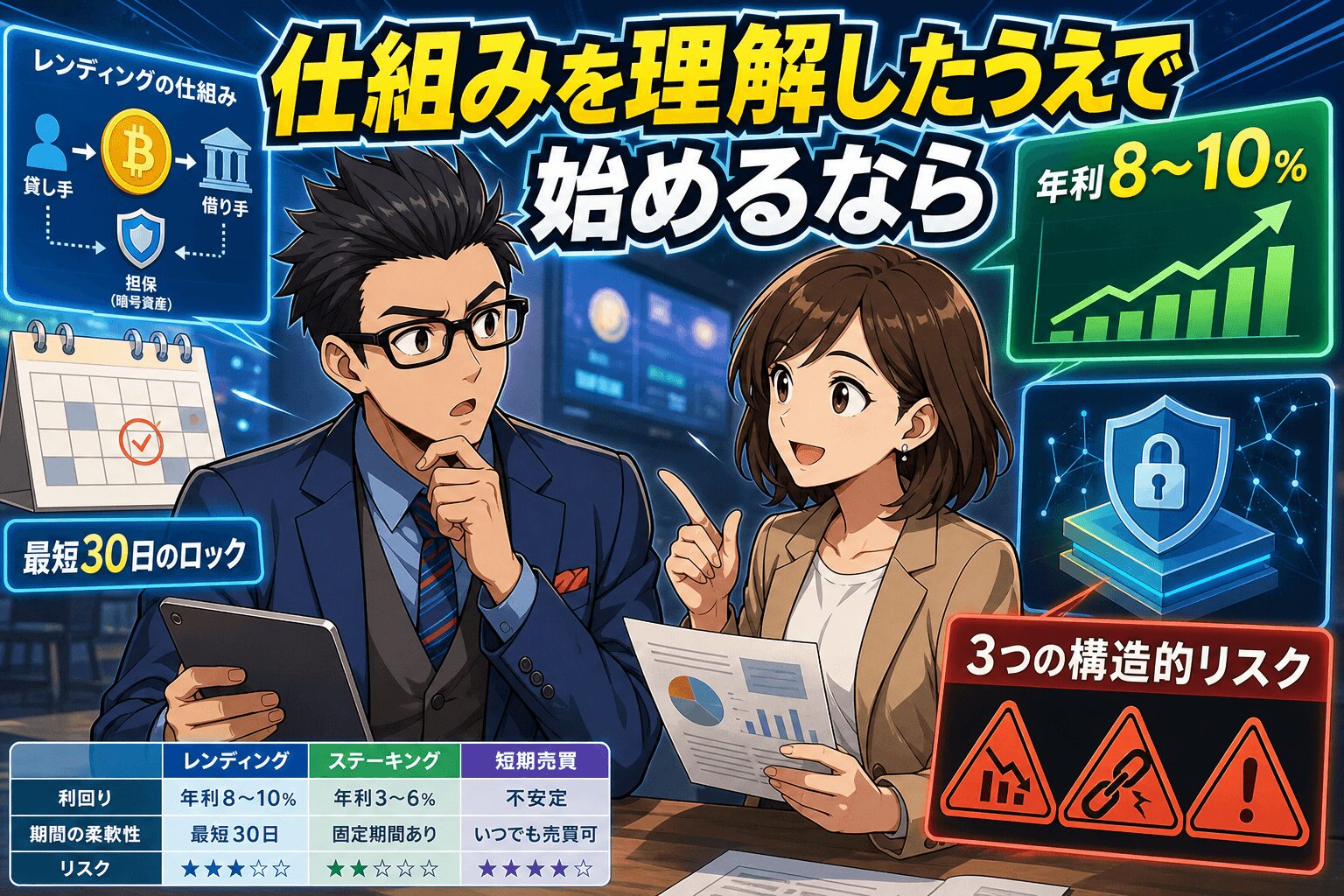 運用スタイルに合った選択ができる!について年利8〜10%や最短30日のロックや3つの構造的リスクなどの要素を描いたイラスト