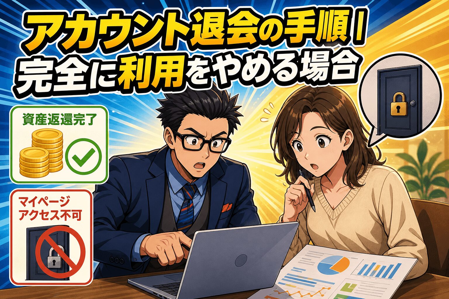 退会手続きはこれで決まり!について資産返還完了やマイページアクセス不可などの要素を描いたイラスト